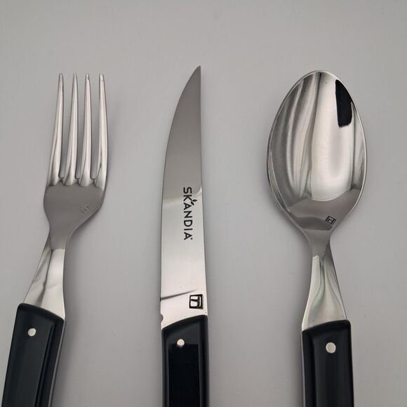 Skandia Vivid Black Handle 3 Piece Set Spoon Fork Steak Knife Flatware New Rare - Picture 2 of 2